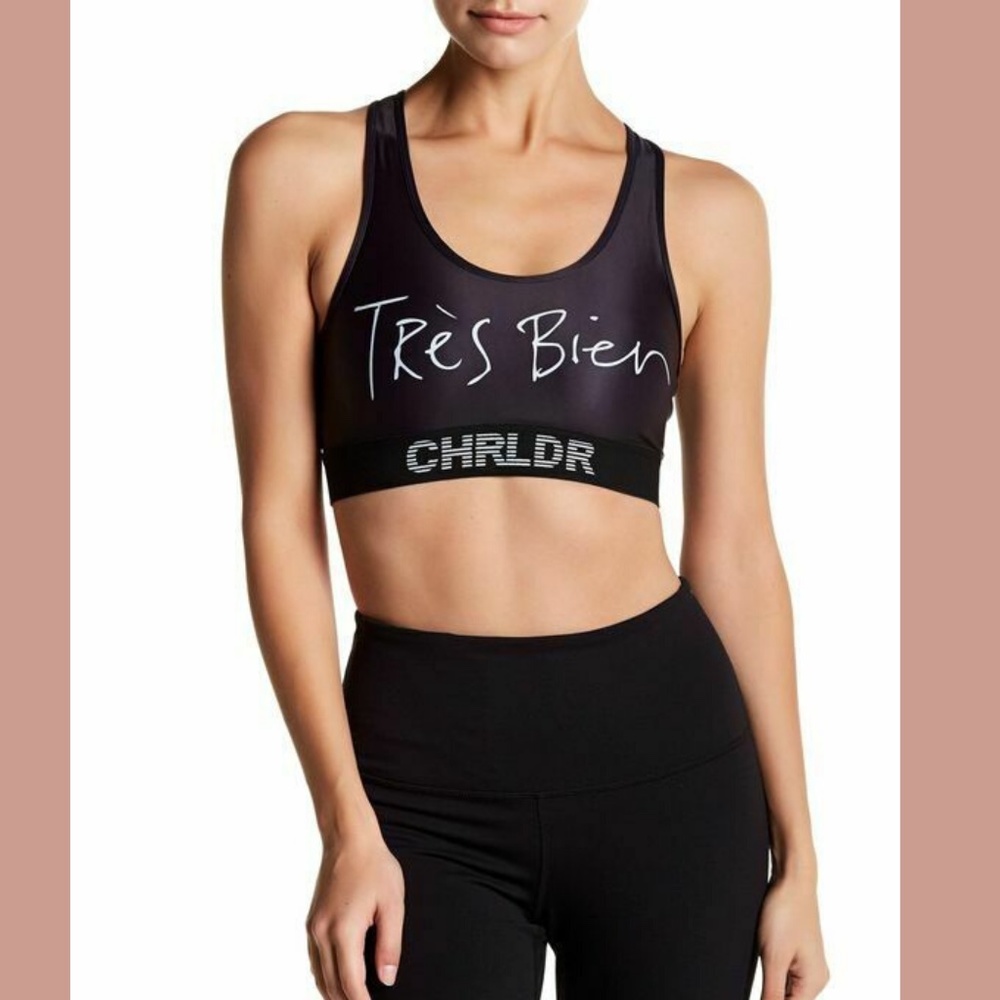 NEW $64 CHRLDR Tres Bien‎ Print Sports Bra in Black White [SZ Large ]